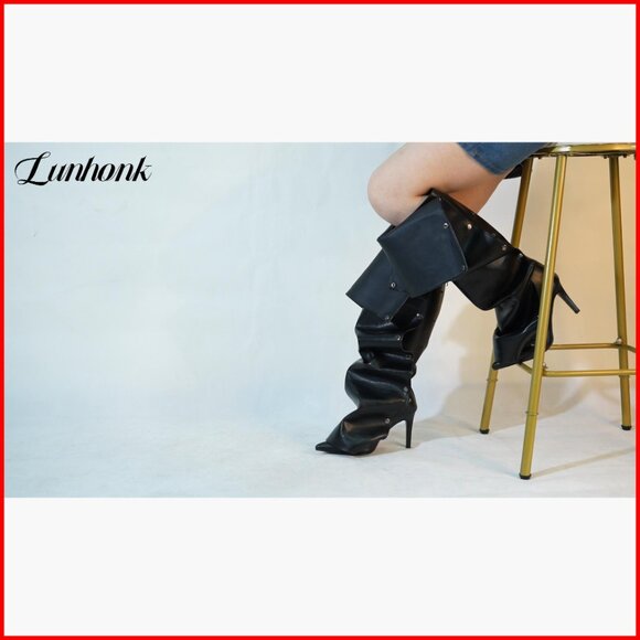 Slouchy Knee High Boots with Stiletto Heels, Fold-Over Wide Calf Design - Picture 7 of 7